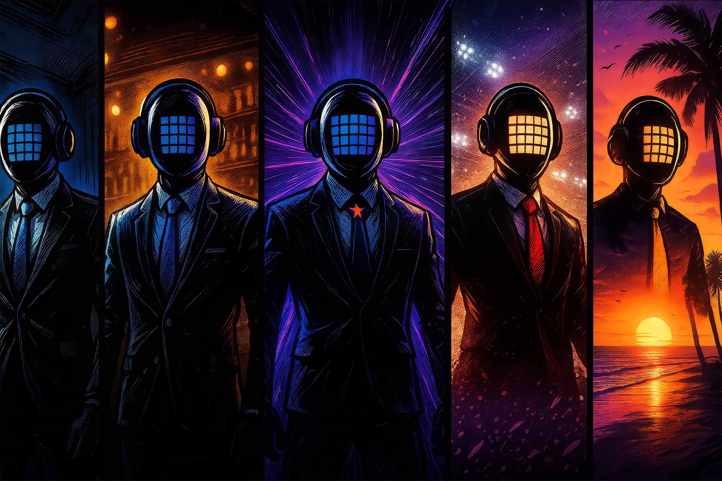 Five illustrated Senate DJs representing the collective's houses