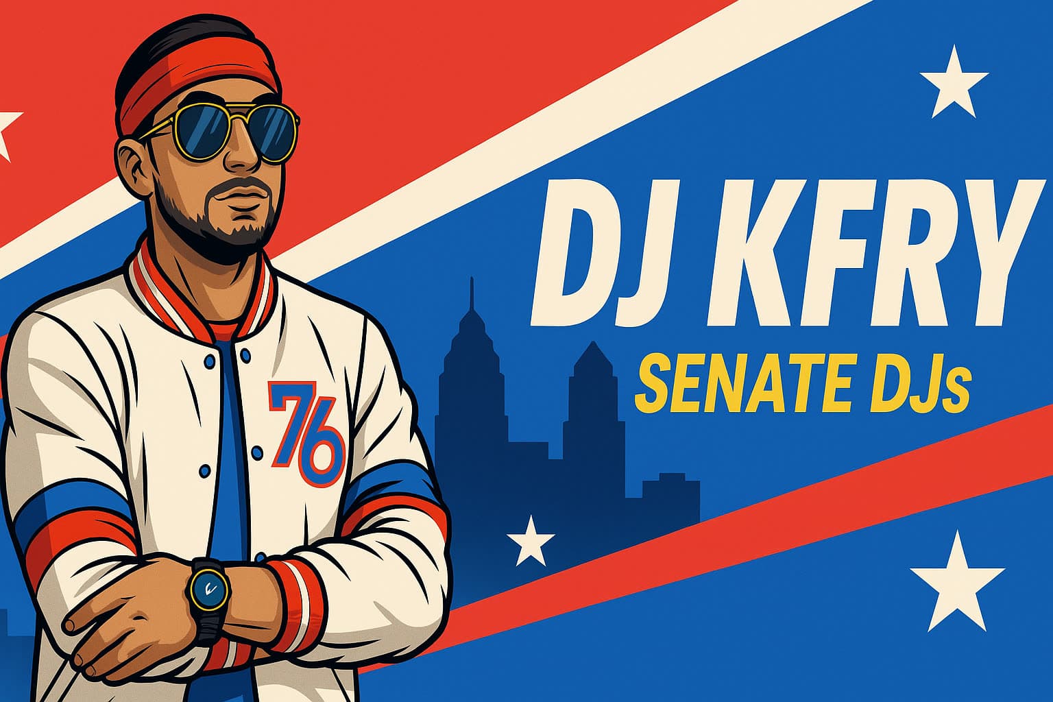 Illustrated portrait of DJ K-Fry in a Philadelphia 76ers jacket against a red and blue Senate DJs backdrop