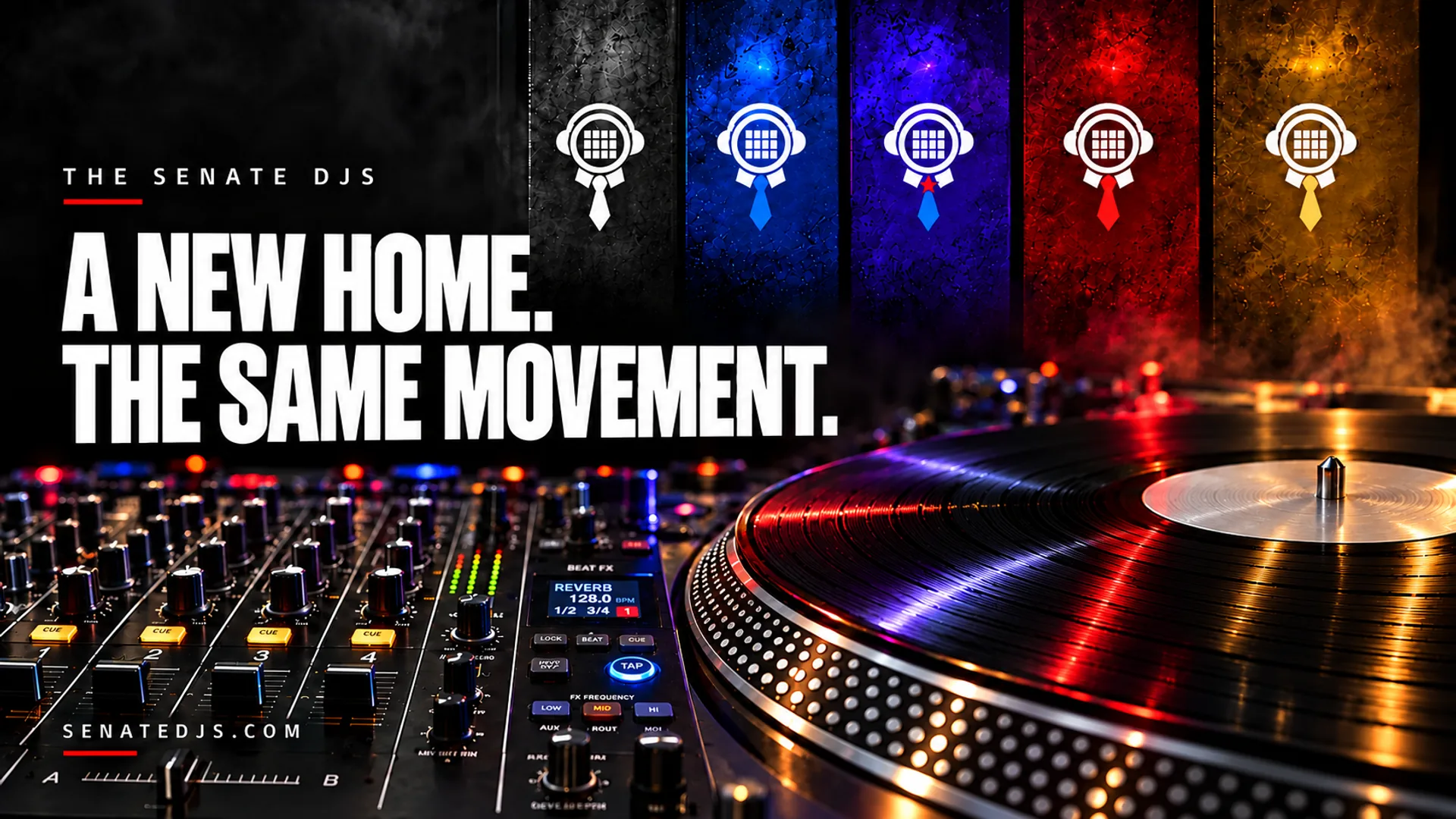 The Senate DJs website launch: A new home. The same movement. Five house emblems above DJ decks.