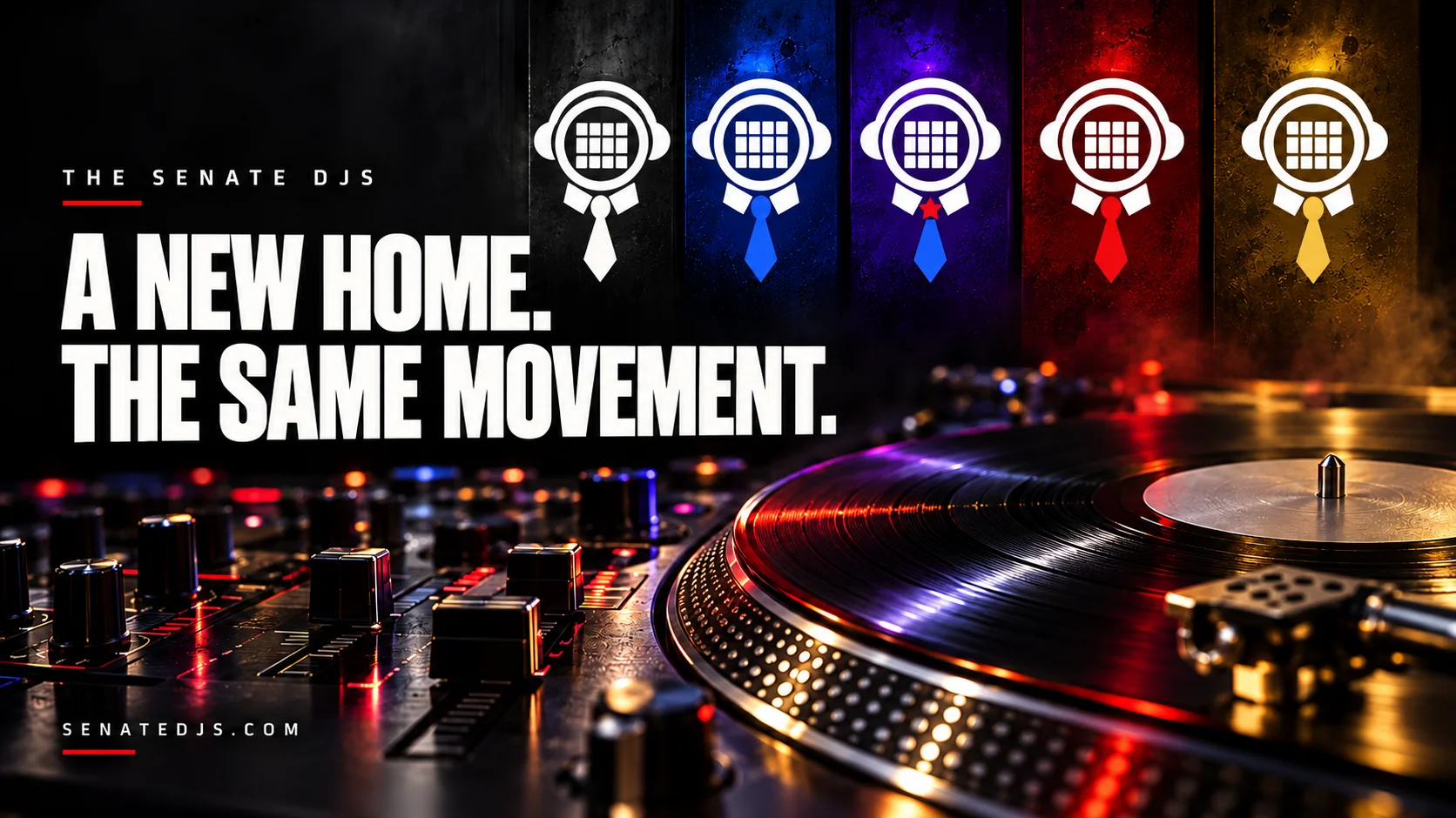 The Senate DJs website launch: A new home. The same movement. Five house emblems above DJ decks.